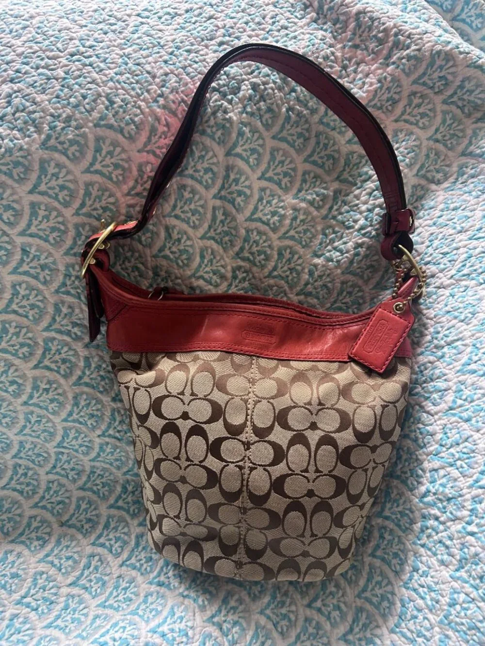 Coach Signature Duffle Hobo Shoulder Bag Khaki Canvas Red Leather Style 11437